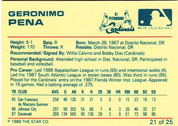 1988 Star St. Petersburg Cardinals #21 Geronimo Pena Back
