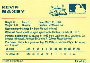 1988 Star St. Petersburg Cardinals #17 Kevin Maxey Back