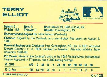 1988 Star St. Petersburg Cardinals #6 Terry Elliot Back