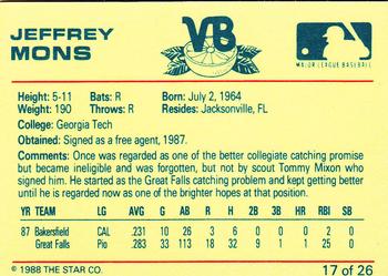 1988 Star Vero Beach Dodgers #17 Jeffrey Mons Back