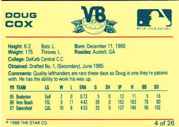 1988 Star Vero Beach Dodgers #4 Doug Cox Back