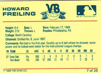 1988 Star Vero Beach Dodgers #7 Howard Freiling Back