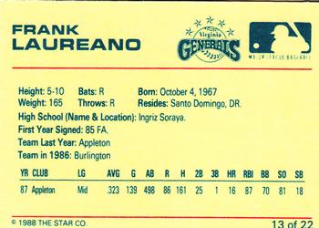 1988 Star Virginia Generals #13 Frank Laureano Back