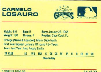 1988 Star Virginia Generals #14 Carmelo LoSauro Back