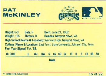 1988 Star Virginia Generals #15 Pat McKinley Back