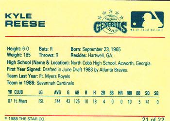1988 Star Virginia Generals #21 Kyle Reese Back