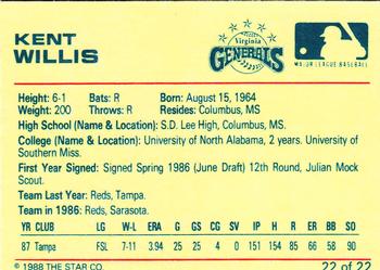 1988 Star Virginia Generals #22 Kent Willis Back