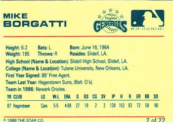 1988 Star Virginia Generals #2 Mike Borgatti Back