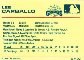 1988 Star Virginia Generals #5 Lee Carballo Back