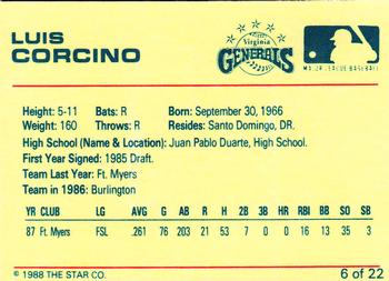 1988 Star Virginia Generals #6 Luis Corcino Back