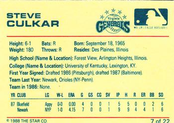 1988 Star Virginia Generals #7 Steve Culkar Back