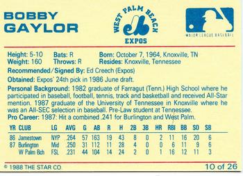 1988 Star West Palm Beach Expos #10 Bobby Gaylor Back