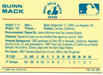 1988 Star West Palm Beach Expos #16 Quinn Mack Back