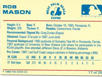 1988 Star West Palm Beach Expos #17 Rob Mason Back
