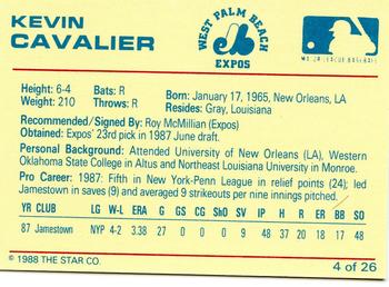 1988 Star West Palm Beach Expos #4 Kevin Cavalier Back