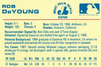 1988 Star West Palm Beach Expos #8 Rob DeYoung Back