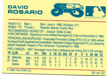 1988 Star Winston-Salem Spirits #15 David Rosario Back