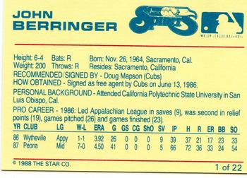 1988 Star Winston-Salem Spirits #1 John Berringer Back