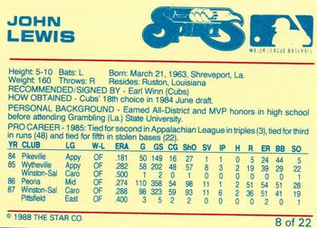 1988 Star Winston-Salem Spirits #8 John Lewis Back
