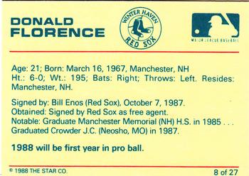 1988 Star Winter Haven Red Sox #8 Donald Florence Back