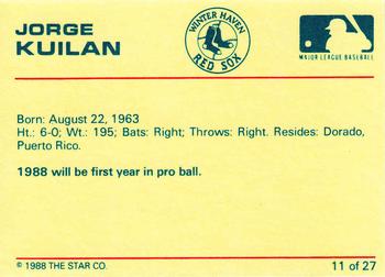 1988 Star Winter Haven Red Sox #11 Jorge Kuilan Back