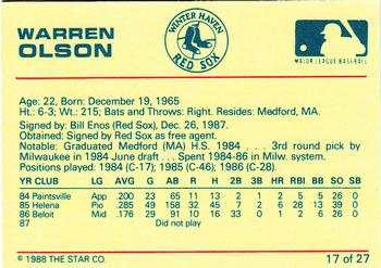 1988 Star Winter Haven Red Sox #17 Warren Olson Back