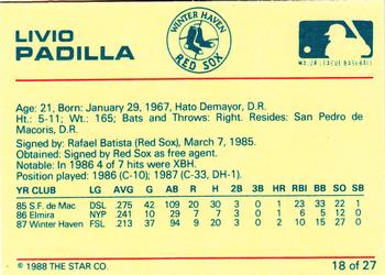 1988 Star Winter Haven Red Sox #18 Livio Padilla Back