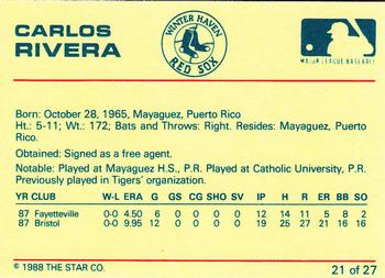 1988 Star Winter Haven Red Sox #21 Carlos Rivera Back