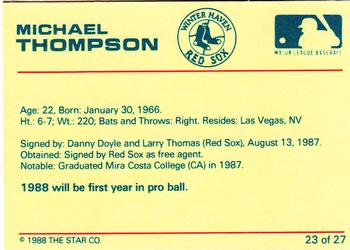 1988 Star Winter Haven Red Sox #23 Michael Thompson Back