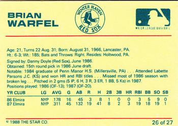 1988 Star Winter Haven Red Sox #26 Brian Warfel Back