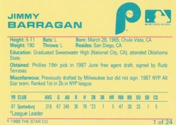 1988 Star Spartanburg Phillies - Blue #1 Jimmy Barragan Back