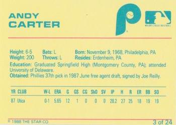 1988 Star Spartanburg Phillies - Blue #3 Andy Carter Back