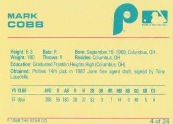 1988 Star Spartanburg Phillies - Blue #4 Mark Cobb Back