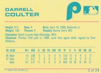 1988 Star Spartanburg Phillies - Blue #5 Darrell Coulter Back