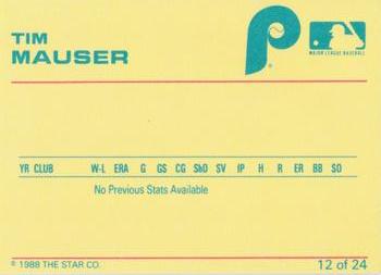 1988 Star Spartanburg Phillies - Blue #12 Tim Mauser Back