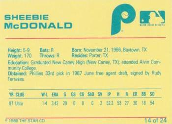 1988 Star Spartanburg Phillies - Blue #14 Sheebie McDonald Back