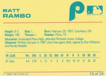 1988 Star Spartanburg Phillies - Blue #16 Matt Rambo Back