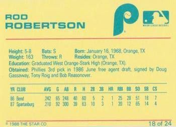 1988 Star Spartanburg Phillies - Blue #18 Rod Robertson Back