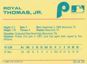 1988 Star Spartanburg Phillies - Blue #20 Royal Thomas  Back