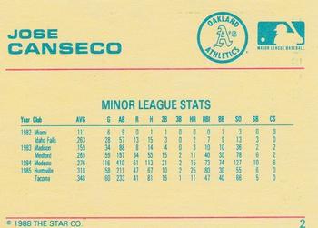 1989 Star Jose Canseco #2 Jose Canseco Back