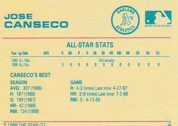 1989 Star Jose Canseco #4 Jose Canseco Back
