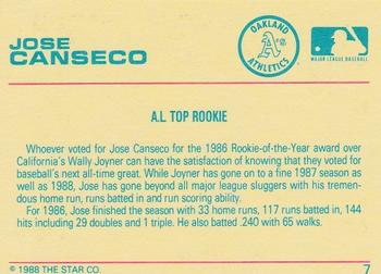 1989 Star Jose Canseco #7 Jose Canseco Back
