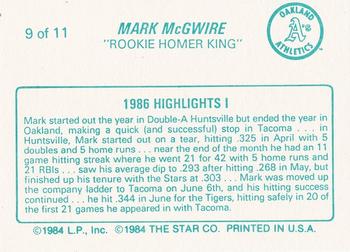 1988 Star Mark McGwire (Aqua) #9 Mark McGwire Back