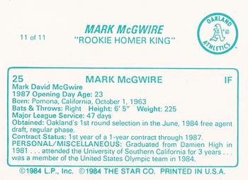 1988 Star Mark McGwire (Aqua) #11 Mark McGwire Back