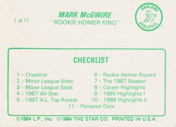 1988 Star Mark McGwire (Green) #1 Mark McGwire Back
