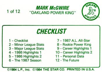 1988 Star Mark McGwire (Yellow) #1 Mark McGwire  Back