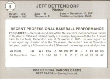 1987 Best Birmingham Barons #9 Jeff Bettendorf Back