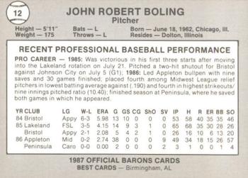 1987 Best Birmingham Barons #12 John Boling Back