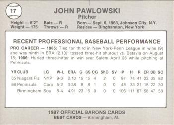 1987 Best Birmingham Barons #17 John Pawlowski Back