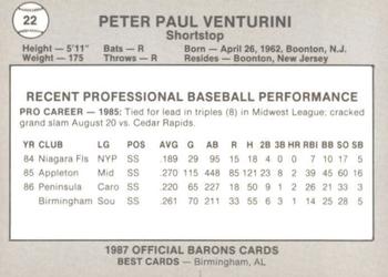 1987 Best Birmingham Barons #22 Pete Venturini Back